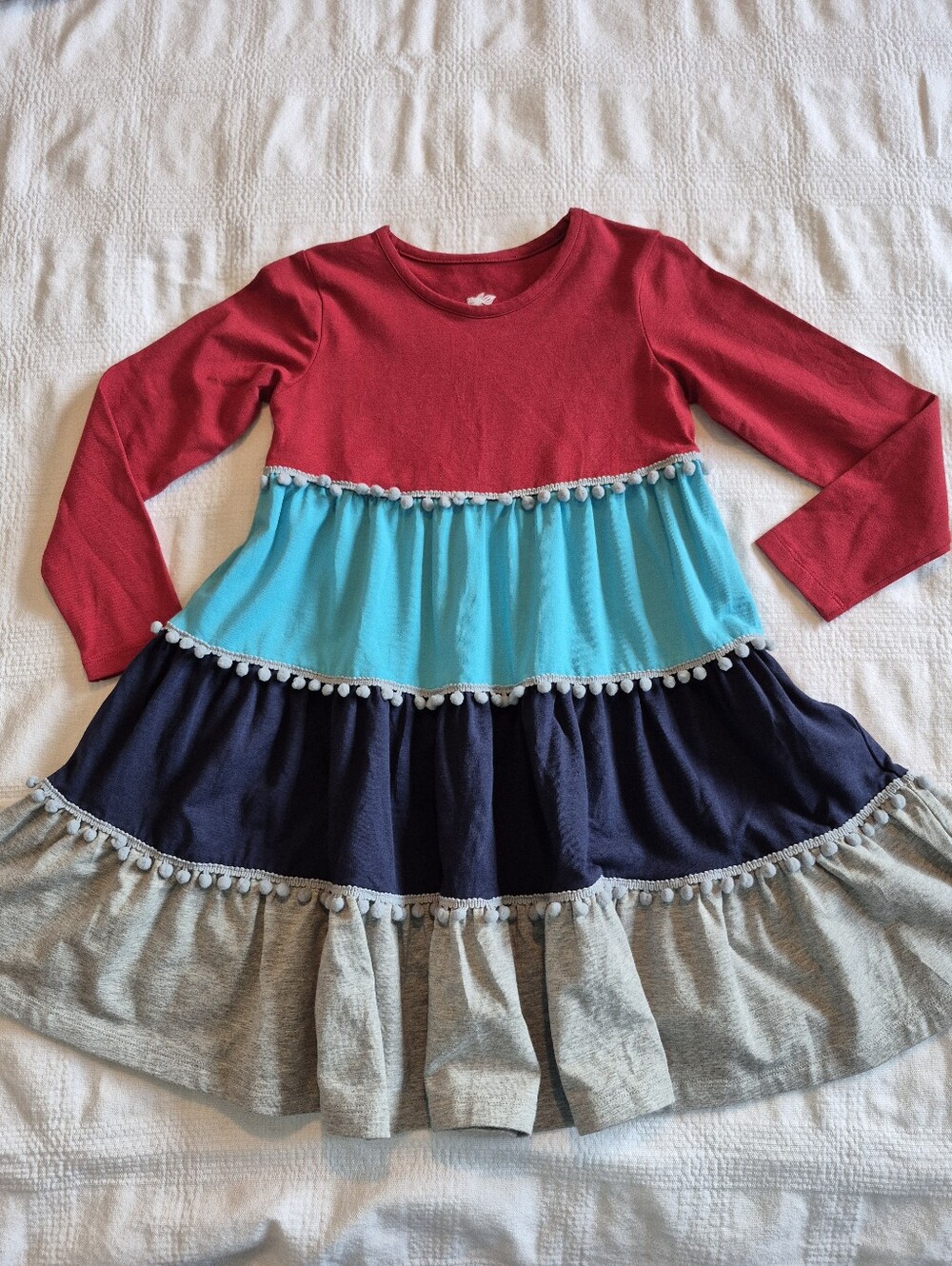 Lucky & Me girls 4/5 dress long sleeve, tiered pom pom trim EUC